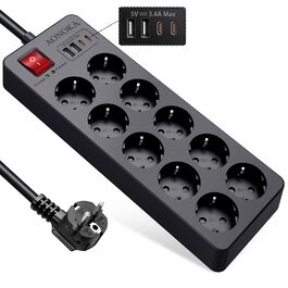 Мережевий фільтр 10 розеток з USB-C, захист від перенапруги 1700 Дж, з вимикачем, 4 USB-порти, 1.5м, чорний