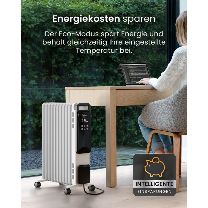 Розумний електричний масляний радіатор Pro Breeze 2500W, 11 секцій, з керуванням через Wi-Fi/App, термостатом, таймером на 24г та сенсорним дисплеєм, білий