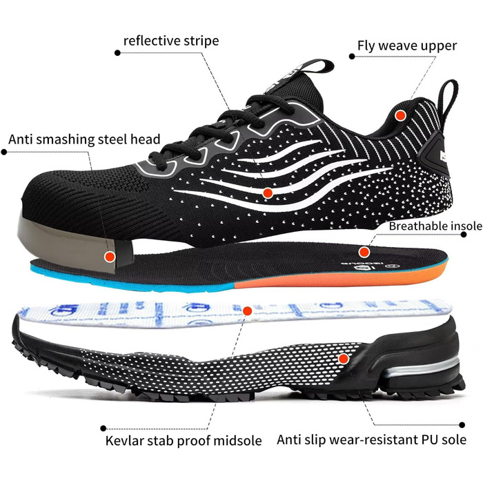 Зручні робочі черевики ISOOUS з металевим носком. Чоловічі та жіночі, чорні, дихаючі, антиковзкі. 43 EU