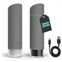 Електричні млини для солі та перцю LARS NYSØM Gravity Grinder - Набір з двох млинів, USB-C, регулювання помелу, для кухні (сірий)