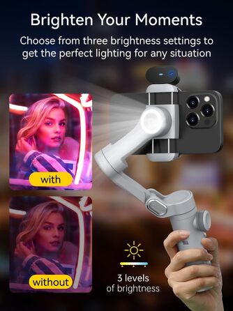 Стабілізатор для смартфона AOCHUAN 3-осьовий з RGB-підсвічуванням, для iPhone/Android, з функцією відстеження обличчя, сірий (Smart X Pro AI)