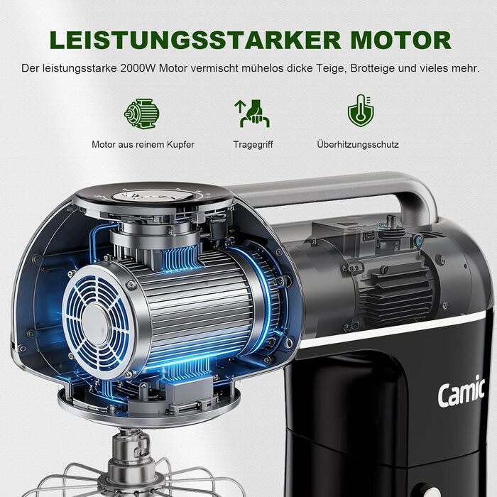 Кухонний комбайн-міксер Camic 2000W, чаша зі сталі 7л, 10 швидкостей, з набором насадок (гак, вінчик) та захистом від бризок, чорний