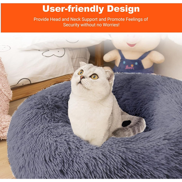 fireowl Donut Dog Bed Large Fluffy: 70cm Soothing Puppy Bed Anti-Anxiety Cat Bed - Plush Pet Bed Round Cozy Washable Gray
