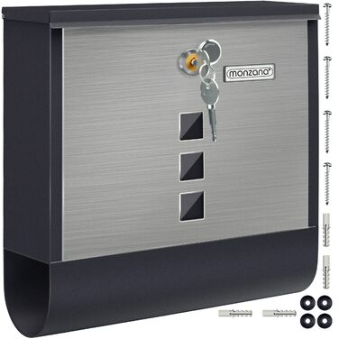 Поштовий ящик Monzana Kreuzschloss з мідним циліндром, поворотна кришка 31x10x34 см, вікно, табличка для імені, відділення для газет, сталь, 2 ключі, чорно-срібний