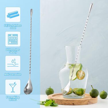 Набір з 2 барних ложок для коктейлів, нержавіюча сталь, довгі ложки з спіральним візерунком, сріблястого кольору