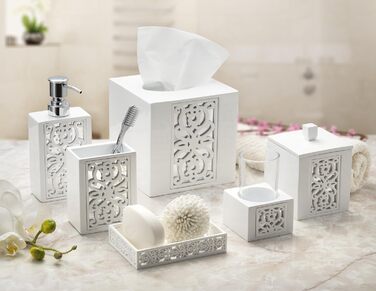 Набір аксесуарів для ванної кімнати Creative Scents – білий та сірий. 4 предмети: дозатор для мила, мильниця, тримач для зубних щіток та чашка.