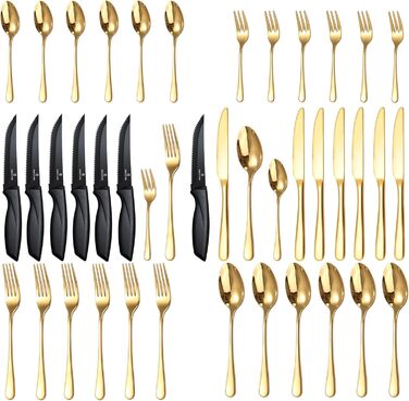 Набір столових приборів на 6 осіб, Targzier, 36 предметів, нержавіюча сталь, з ножем для стейку, високоякісний столовий прибор, ложки, виделки, ножі для сім'ї/вечірки/готелю, чорний, придатний для миття в посудомийній машині, 36 предметів, золотий прибор 