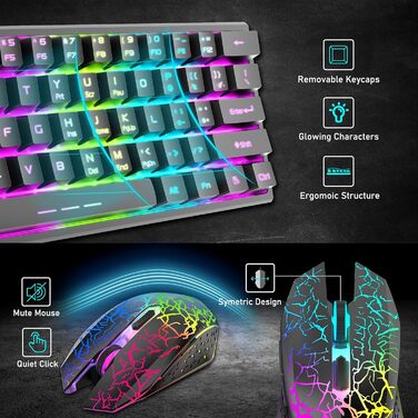 Kabellos Gaming Tastatur und Maus Combo Set: Бездротова ігрова клавіатура та миша, 2.4 GHz, 3800 mAh, тиха, 61 клавіша, компактна, Rainbow LED підсвічування, 2400 DPI, 6 кнопок, чорний