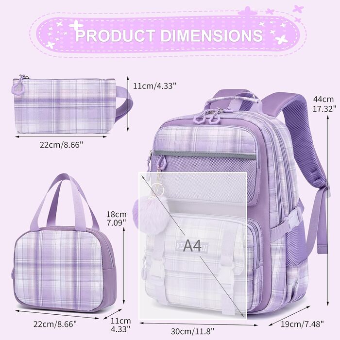 Рюкзак KEBEIXUAN для дівчаток, шкільна сумка 1-5 клас, дихаючий рюкзак з помпоном, фіолетовий + ланч-бокс + пенал