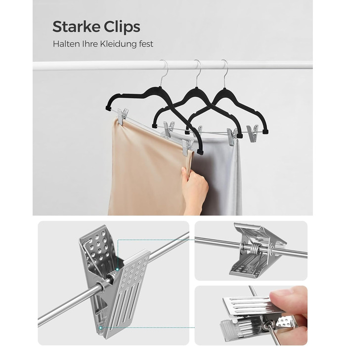SONGMICS Velvet Clothes Hangers, 20-Piece Set, Skirt Hanger, 42.5 cm wide, with adjustable clips, non-slip, space-saving, for trousers, coats, dresses, black CRF012B20