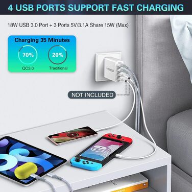 Зарядний пристрій USB 33W QC 3.0, 4 порти + 2 кабелі USB-C 2м/3м для Samsung Galaxy S24/23/22/21, iPad Pro, LG, Sony - білий