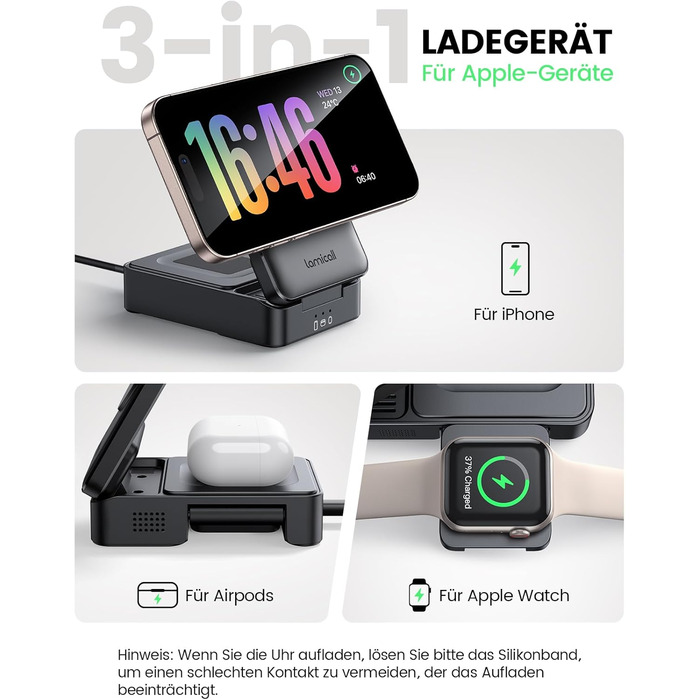 Зарядний станція Lamicall 3-в-1 для MagSafe: iPhone, Apple Watch, AirPods. Складана, портативна, бездротова. Сумісна з iPhone 17/16/15/14 Pro Max Plus Air.