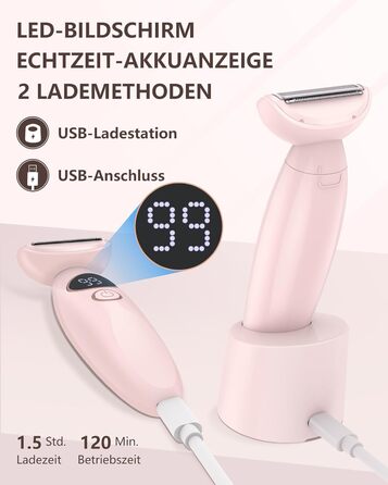 Електричний жіночий триммер 3-в-1 для тіла, обличчя, Bikinizone та ніг. Вологостійкий, USB-зарядка, білий (рожевий)