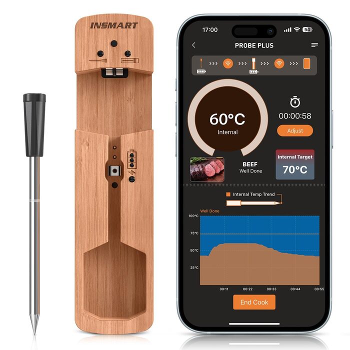 INSMART Wireless Meat Thermometer, Bluetooth Grill Thermometer 100m, IPX7 Waterproof Roasting Thermometer with Smart APP, Cooking Meat Thermometer for Oven, Grill, Smoker, Rotisserie, Air Fryer