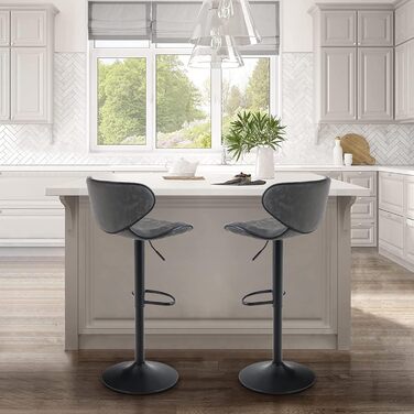 ALPHA HOME 2-Piece Bar Stool Set with Backrest and Footrest - Adjustable Swivel Gas Lift PU Leather Kitchen Bar Stools for Counter, Kitchen & Home (Gray)