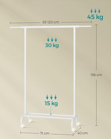 SONGMICS Clothes Rack with Wheels, Extendable Clothes Rod, Clothes Rail from Steel Pipes, Elevated Storage Rod, 40 x (83-120) x 156 cm, Cloud White HSR134W01