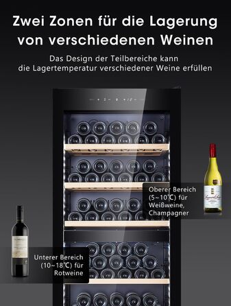 Kalamera 45-Bottle Dual Zone Wine Refrigerator - 120 Liter Capacity with LCD Display - 5-10°C/10-18°C Temperature Zones