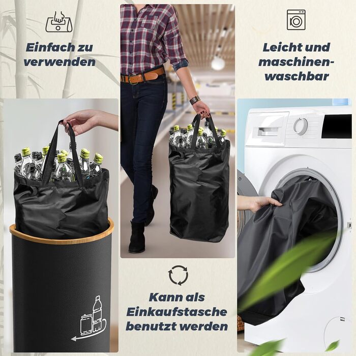 Laundry basket with 2 compartments, deposit bottle collection container with lid, container for deposit bottles & glass recycling & paper waste, deposit bottle container bamboo with bag, must have (Beige-d, 100L)