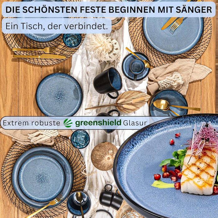 SÄNGER Aruba: Комплект посуду 30 предметів для 6 осіб | Керамічний посуд, миючий посуд, посуд для мікрохвильової печі, синій з чорним обідком