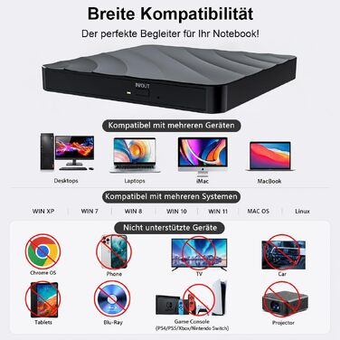 Зовнішній DVD-CD привід USB: DVD-рекордер та плеєр для ноутбука та ПК, оптичний накопичувач +/-RW ROM, сумісний з Windows 11/10/8/7, Linux, MacOS, чорний