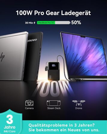 Портативний зарядний акумулятор INIU 100W 25000mAh з USB-C, для ноутбуків, телефонів, iPad, DJI, iPhone, в похід, у подорож, чорний