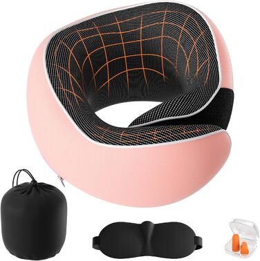 Подушка для шиї у подорожах: м'яка, з піною з пам'яті, з навушниками та маскою для очей (рожева)