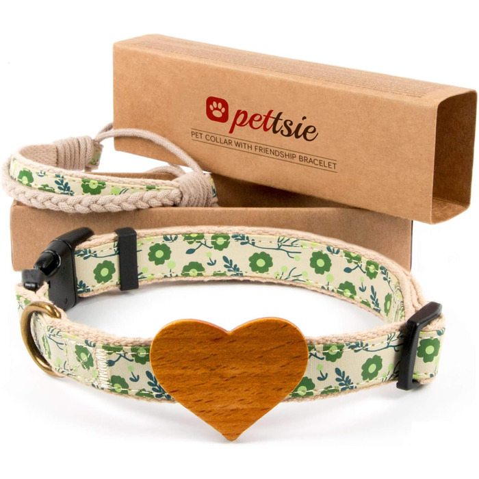 Нашийник для собак Pettsie з серцем та браслетом дружби, регульовані розміри S та M, комфортний дизайнерський льон, міцний та довговічний, чудовий подарунок для любителів собак (35,6 - 50,8 см (M), Зелений)