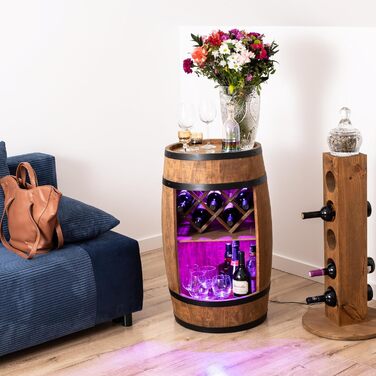 CREATIVE COOPER Fass bar LED RGB with Wine Holder - Wine Rack - Barrel Bar House Bar 80x50cm - Rustic Decor Bar Cabinet Wine Stand – Wine Cabinet (Dark Brown)