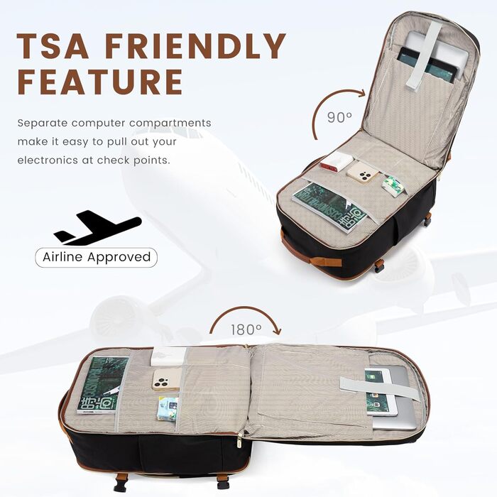Рюкзак LOVEVOOK для ручної поклажі в літак, 40L, великий, для жінок, валіза-рюкзак, водонепроникний, для ноутбука 17 дюймів, для подорожей, бізнесу, відпочинку, хайкінгу, вихідних (L, чорний+коричневий)