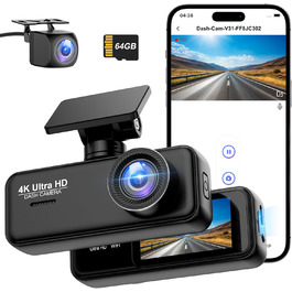 Відеореєстратор SIGRILL Dashcam Auto 4K+1080P з Wi-Fi, двоканальний, з карткою 64GB, нічне бачення, паркувальний режим, G-сенсор, запис по колу, підтримка до 256GB