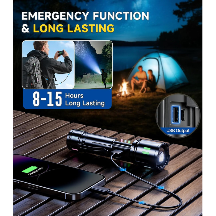 LED ліхтар Esgofo 500000 люменів, перезарядна, екстремально яскрава, 15 годин роботи, USB-C, дальність 1000м, регульований фокус та режими світла, для активного відпочинку та безпеки