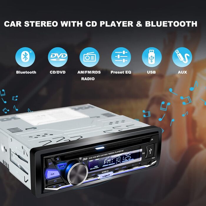 Hengweili автомагнітола 1DIN з CD/DVD, Bluetooth, FM/AM, App-керуванням, USB, SD, AUX, MP3
