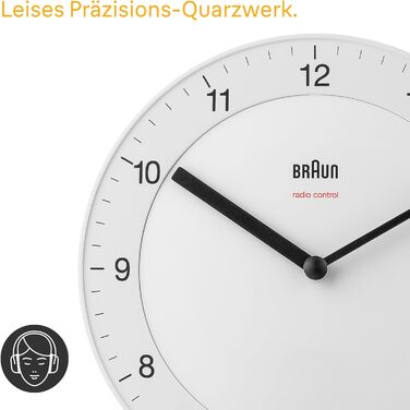 Braun Classic Radio Wall Clock, Central European Time Zone (CET/GMT+1) with a quiet movement, easy-to-read dial with a 20 cm diameter in white, model BC06W-DCF.