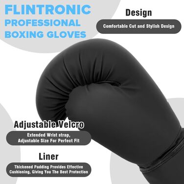 Боксерські рукавички Flintronic для боксу, кікбоксингу, тайського боксу (Муай Тай), ММА, чоловічі та жіночі, чорні, 12oz
