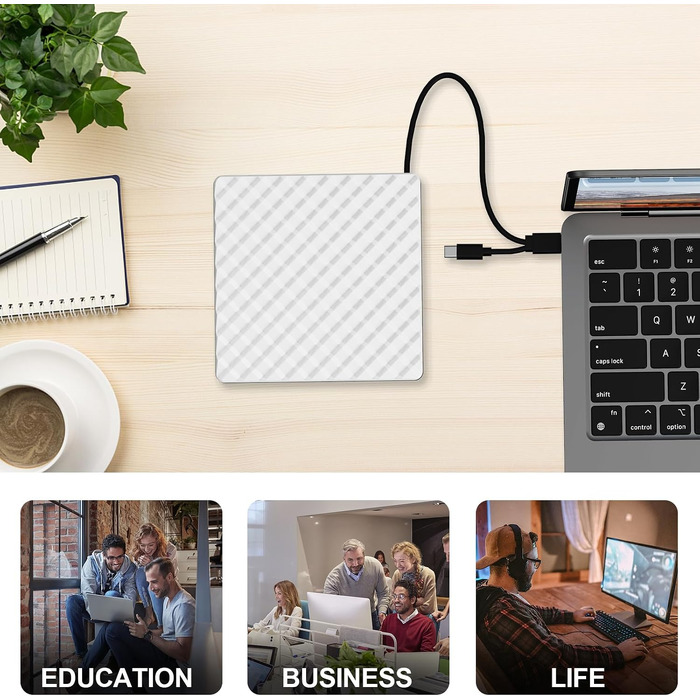 Зовнішній DVD-привід USB 3.0 та USB-C, CD/DVD Brenner для ноутбука та ПК (Windows, macOS, Linux), білий