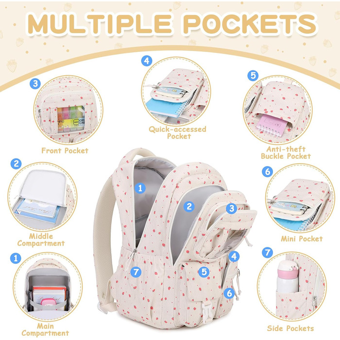 Дитячий рюкзак для дівчаток - шкільний рюкзак для учнів середньої школи - рюкзак для початкової школи (Бежевий, Полуниця)