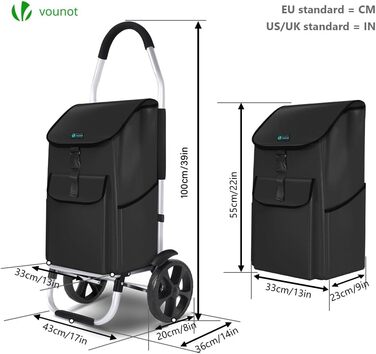 Складна алюмінієва господарська сумка VOUNOT 45 л, водонепроникна, чорна, великі колеса з бризковиками, візок для покупок, для сходів