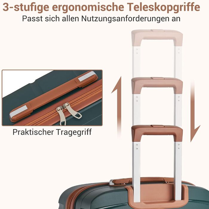 KONO Набір валіз 3 шт: велика, середня, маленька. Валізи з поліпропілену, з TSA замком, 4 колеса, темно-зелений/коричневий.