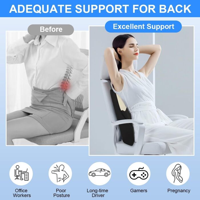 Подушка для спини з піни Memory Foam Schaum: ергономічна підтримка попереку для офісного крісла, авто та робочого столу, чорно-сіра