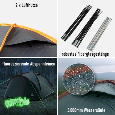 Намет кемпінговий Campingzelt 3-4 особи двошаровий зелено-коричневий: водонепроникний, з москітною сіткою, затемненим внутрішнім простором, флюоресцентними відтяжками та килимком для передпокою