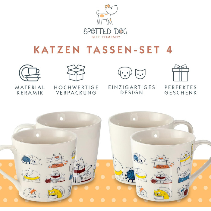 Spotted Dog Gift Company Coffee Mug with Cat Design, Ceramic Mug Set, Cute Coffee Mugs, Cat Kitchen Accessories, Gifts for Cat Lovers, Cat Mom, 4 x 380ml