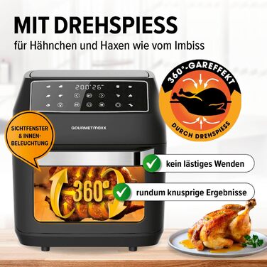 GOURMETmaxx Hot Air Fryer 12 L Airfryer | Deep Fryer with 9 Functions, Touch Display, Rotating & Skewer Spits | 10 Programs incl. Pizza | Mini Oven 1700 W – virtually without oil, matte black, 12 liters