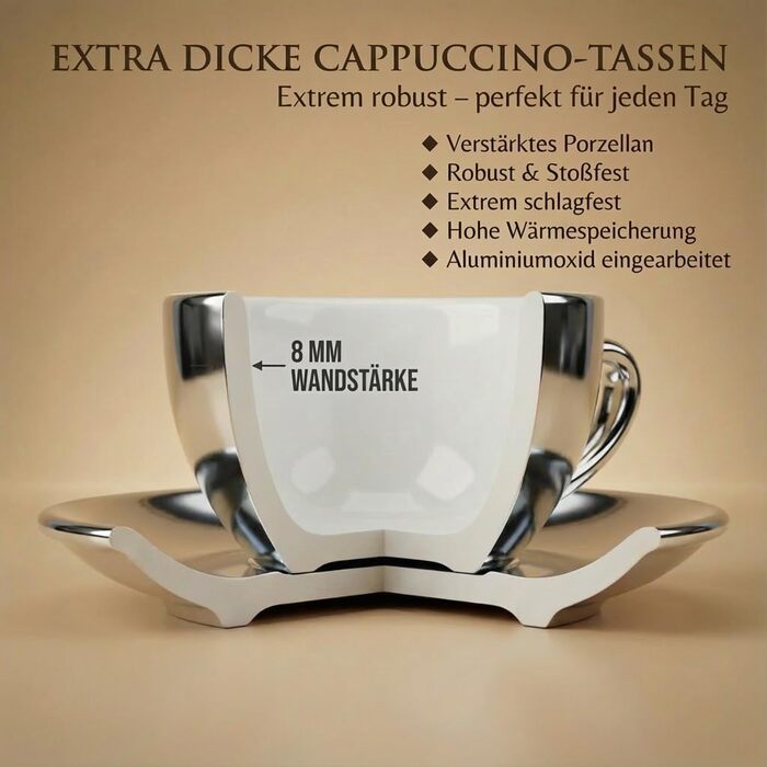 Набір з 6 еспресо-чашок з підстаканниками, хром, італійський стиль, Dickwandig & schwer, 200 мл, срібний | Подарунковий набір