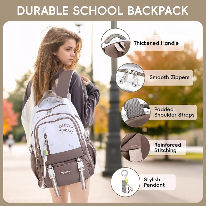 Шкільний рюкзак для підлітків, 36L, для дівчаток 3-9 класів, великий, стильний, для ноутбука 16 дюймів, підходить для валізи (колір: коричневий)