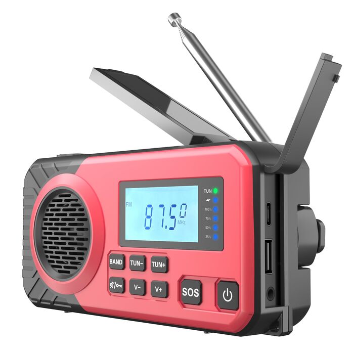 Радіо на механічному заводі Kurbelradio з акумулятором 5000 mAh (Червоне) | AM/FM/SW, USB, живлення від батарейок, аварійний комплект, ліхтарик, зарядний пристрій для телефону