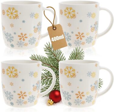 4 чашки для кави Com-Four® з кераміки, 250 мл, святковий дизайн (червоний/сірий/зелений/синій)