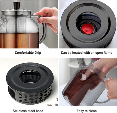 Скляний чайник для заварювання чаю 1500 мл з ситечком та підставкою-підігрівачем із нержавіючої сталі