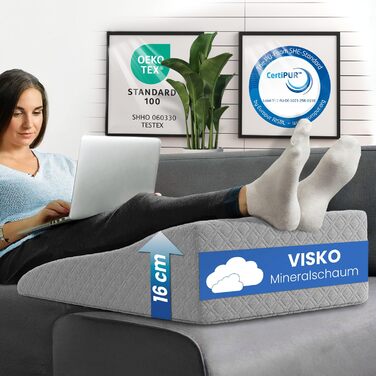 Подушка для ніг ELONEO з ефектом пам'яті (Memory Foam) для розвантаження та підняття ніг, знімний чохол, 68x40x16 см, сіра