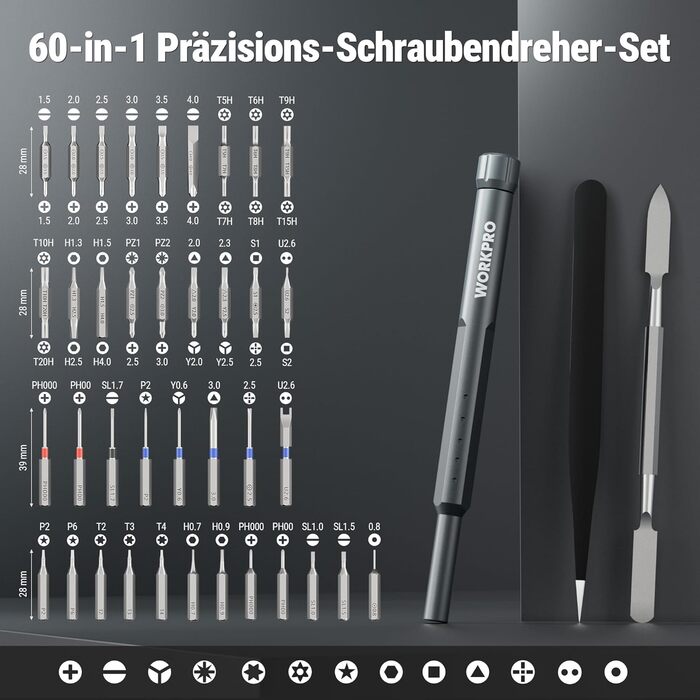 Набір викруток WORKPRO 60 в 1 для дрібної механіки, преміум-якість, з бітами Cr-V, для точного ремонту