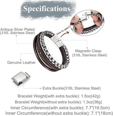 Чоловічий шкіряний браслет Murtoo з нержавіючої сталі з магнітним застібком (20 см, коричневий, срібний)